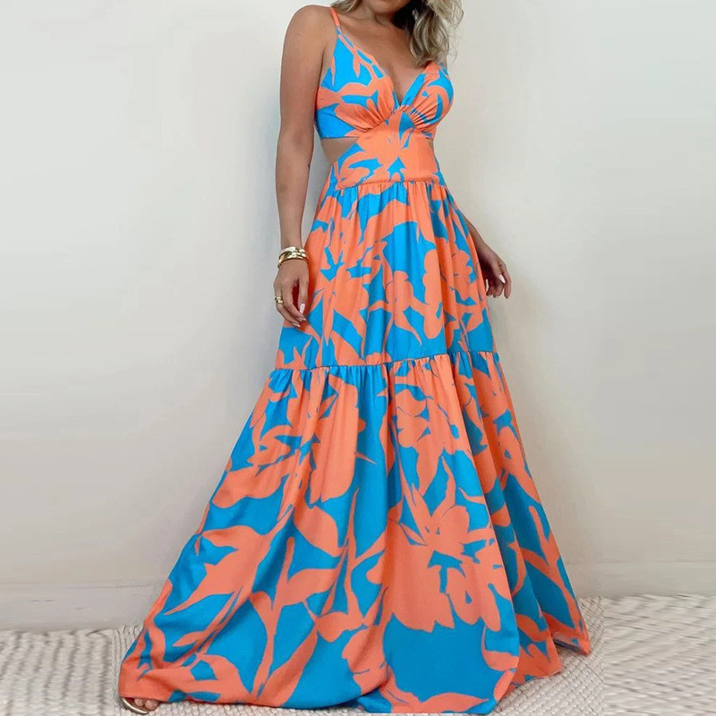 Sexy Retro Print Lace Up Hollow Backless High Waist Fashion Wedding Guest Dress