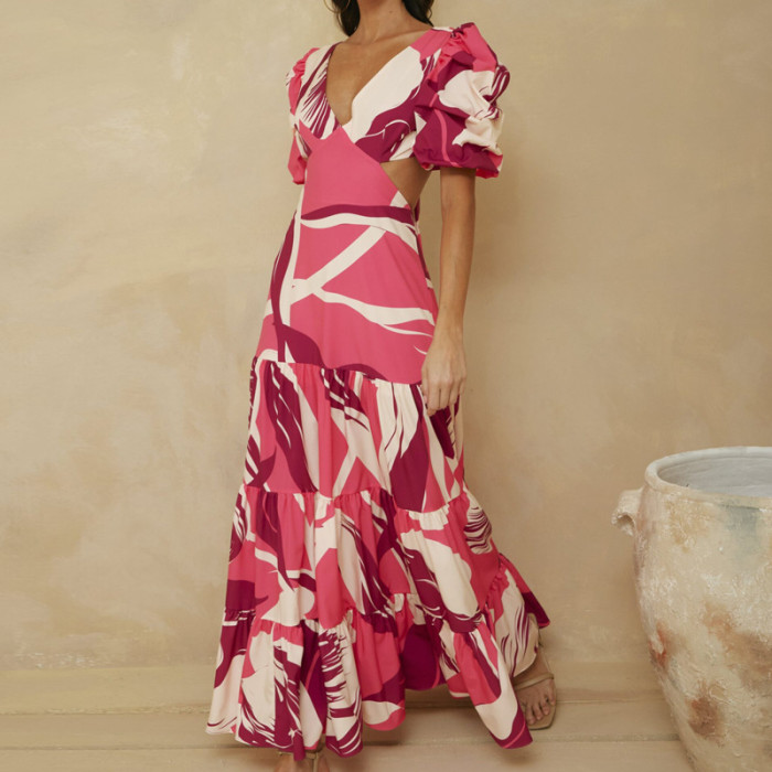 Women's Printed V-neck Puff Sleeves Sexy Backless Lace-Up Swing Wedding Guest Dress