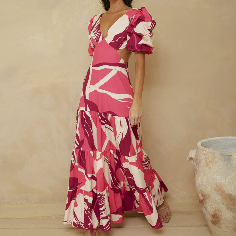 Women's Printed V-neck Puff Sleeves Sexy Backless Lace-Up Swing Wedding Guest Dress