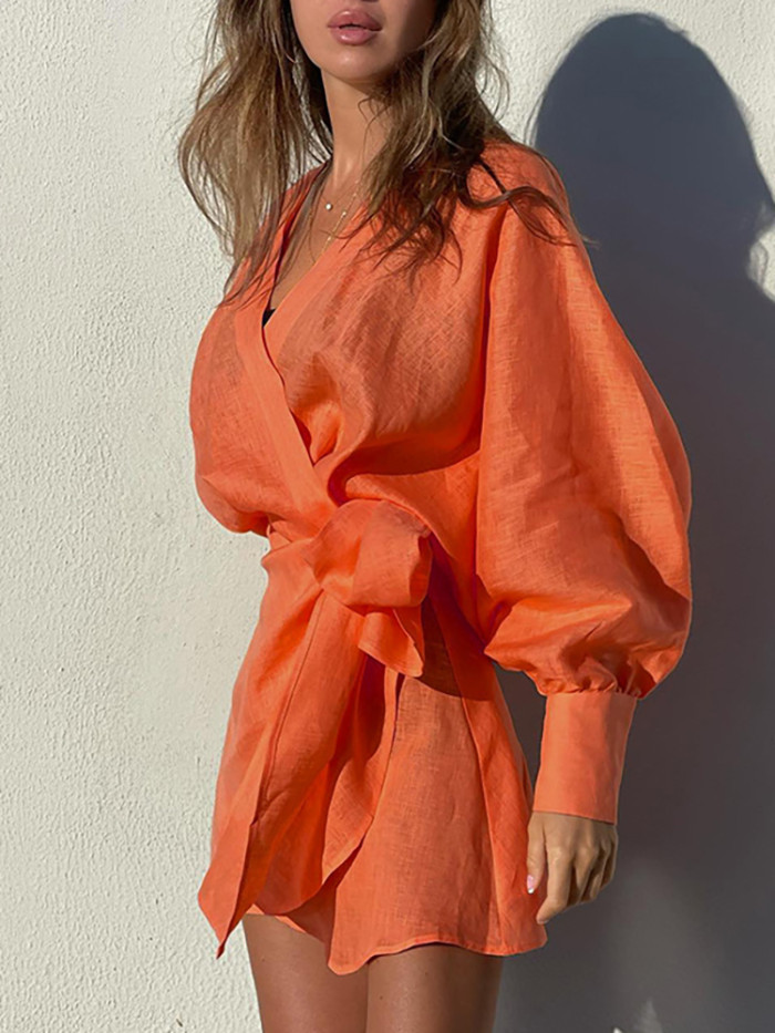 Solid Color Chic V Neck Balloon Sleeve Belt Party Casual Dress