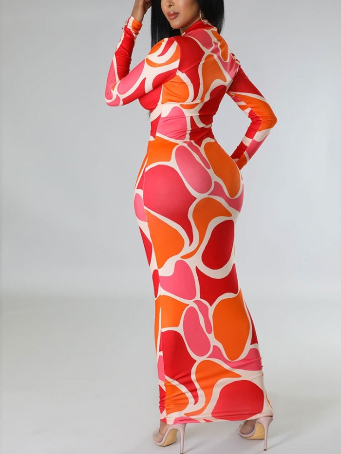 Sexy Printed Lapel Deep V Fashion Casual Elegant  Bodycon Dress