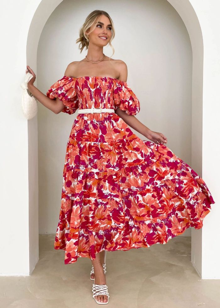 Elegant Floral Print Sexy Backless Slanted Neck High Waist Puff Sleeve Sheath Maxi Dress