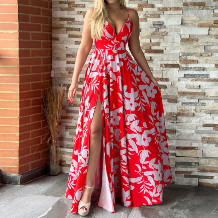 Fashion Print Sexy V Neck High Waist Swing Wedding Guest Dress