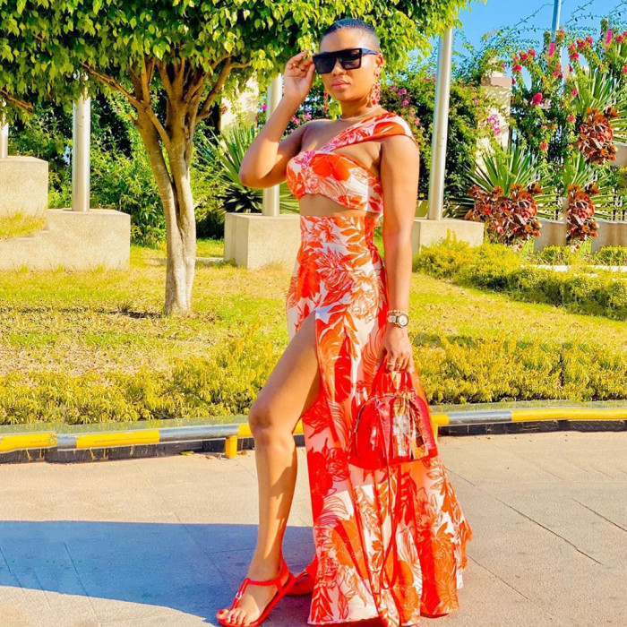 Women's Sexy Printed Tube Top Slit Sleeveless Sexy  Maxi Dress