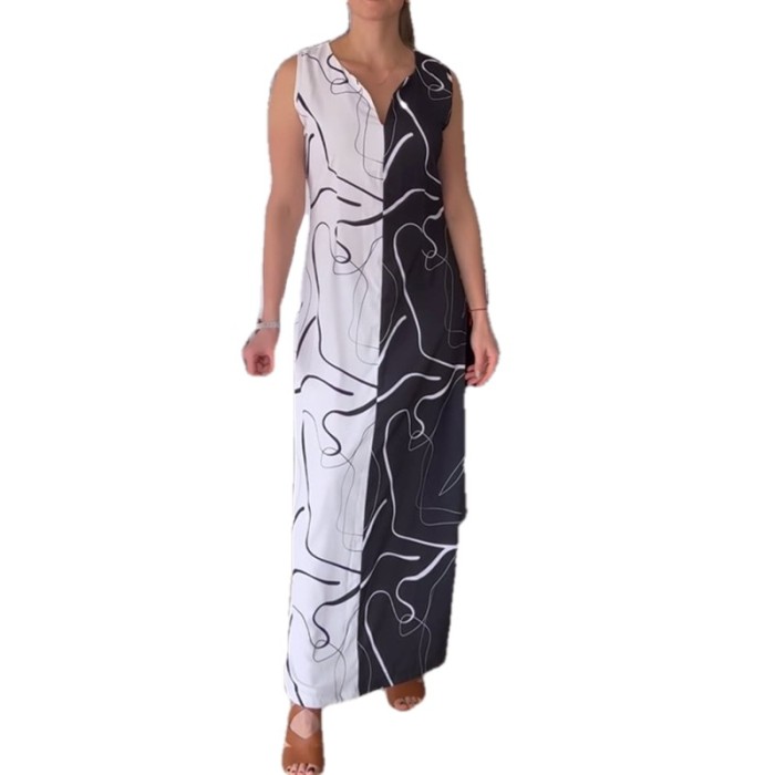Fashionable Summer Colorblock Print Loose Casual Sleeveless Maxi Dress