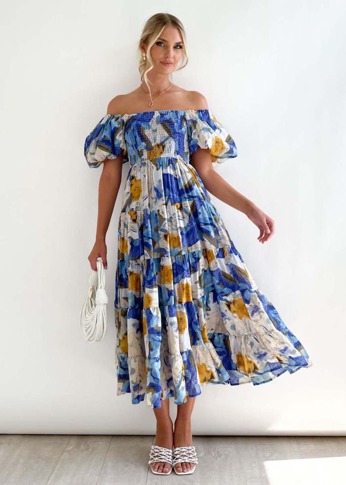 Elegant Floral Print Sexy Backless Slanted Neck High Waist Puff Sleeve Sheath Maxi Dress