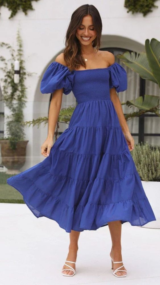 Elegant Floral Print Sexy Backless Slanted Neck High Waist Puff Sleeve Sheath Maxi Dress