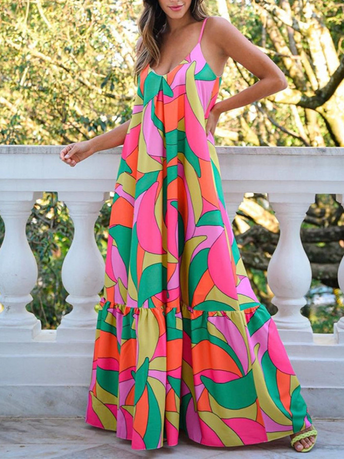 Sexy Deep V Neck Backless Bohemian Floral Fashion Party  Maxi Dress