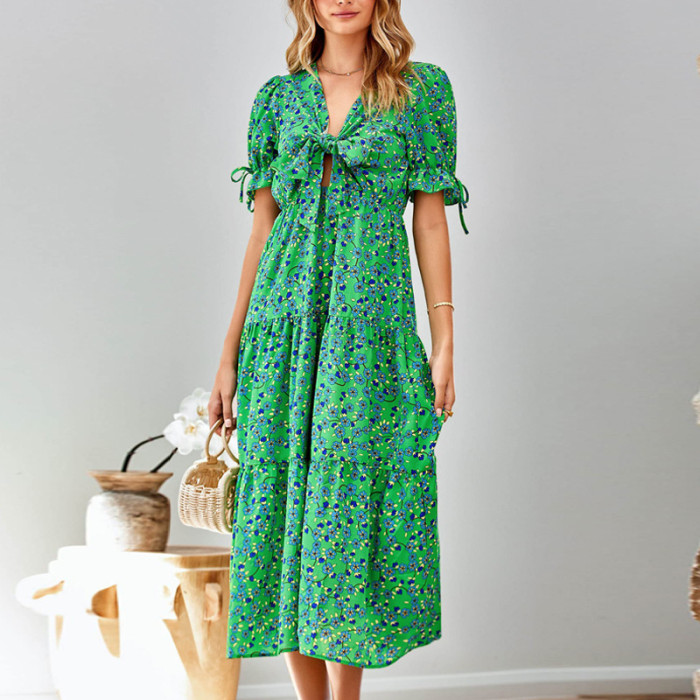 Summer Bohemian Lace Up Deep V Cutout Casual Party Beach Maxi Dress