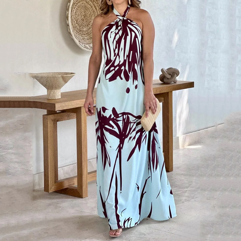 Fashion Print Elegant Backless Sleeveless Tie Loose Beach Party Maxi Dress
