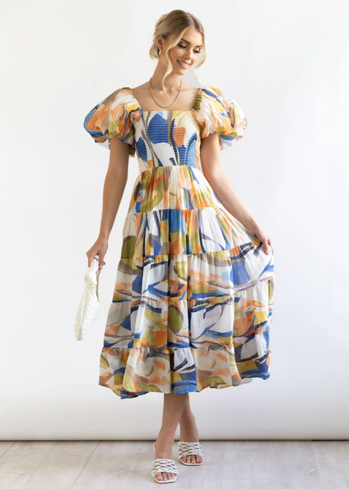 Elegant Floral Print Sexy Backless Slanted Neck High Waist Puff Sleeve Sheath Maxi Dress