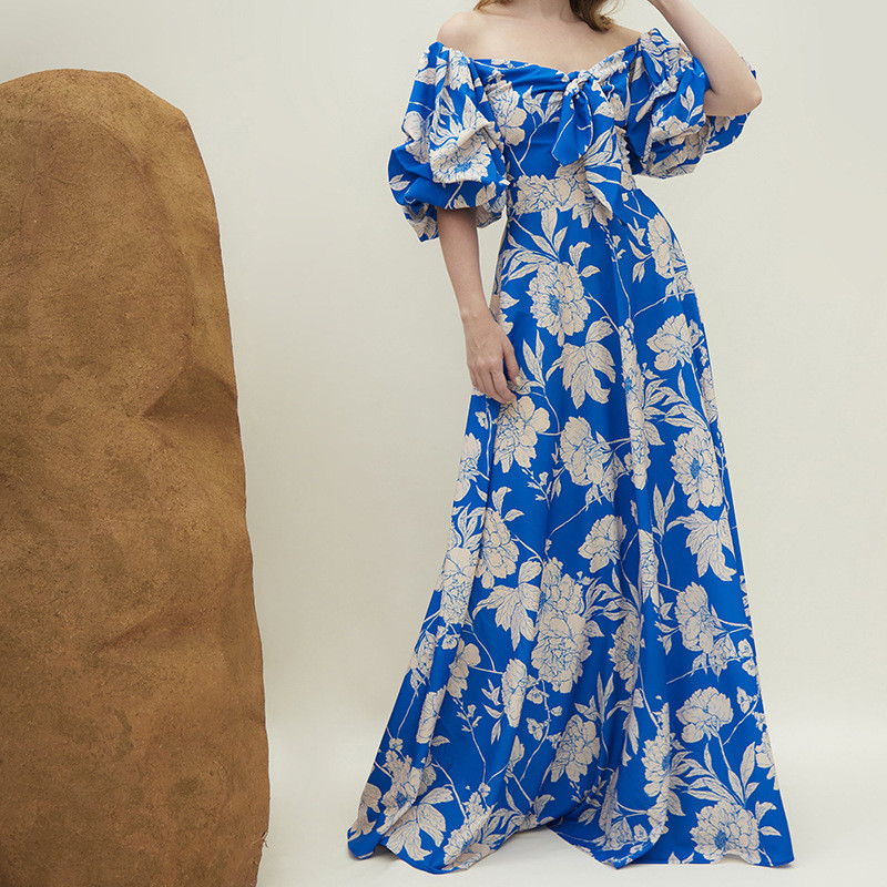 Elegant Printed Strapless Strapless Puff Sleeve High Waist Party Wedding Guest Dress