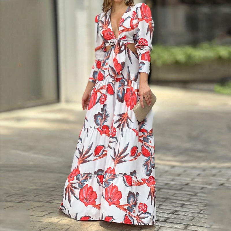 Lace Up Deep V Neck Long Sleeve Fashion Sexy Ruffle Wedding Guest Dress