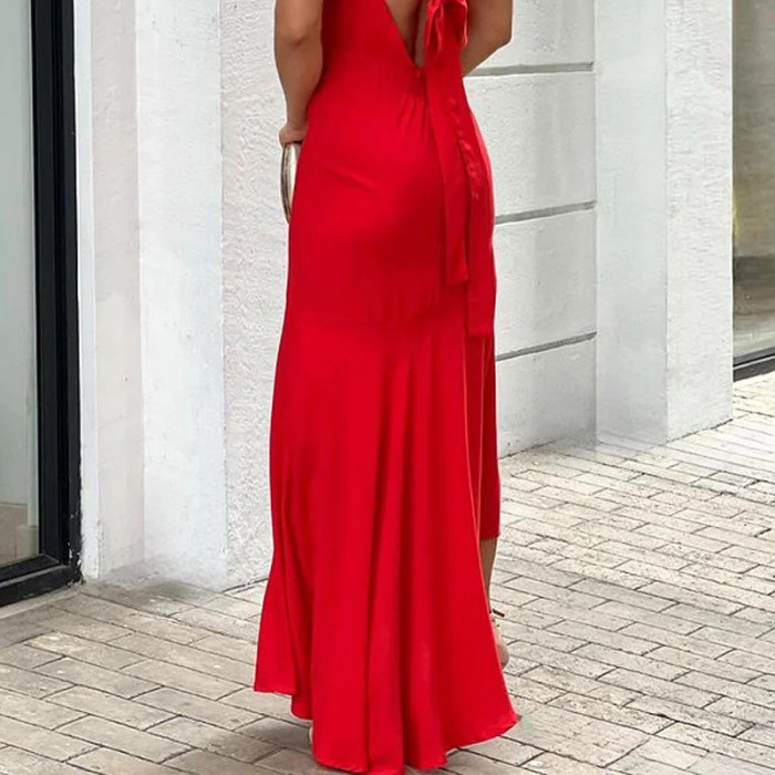 V Neck Sexy Street Halter Neck Backless Party Fashion Wedding Guest Dress