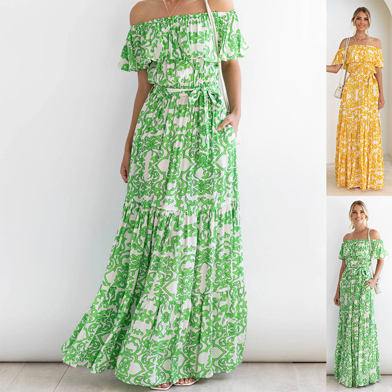 Off Shoulder Boho Skinny Summer Beach High Waist Pleated  Maxi Dress