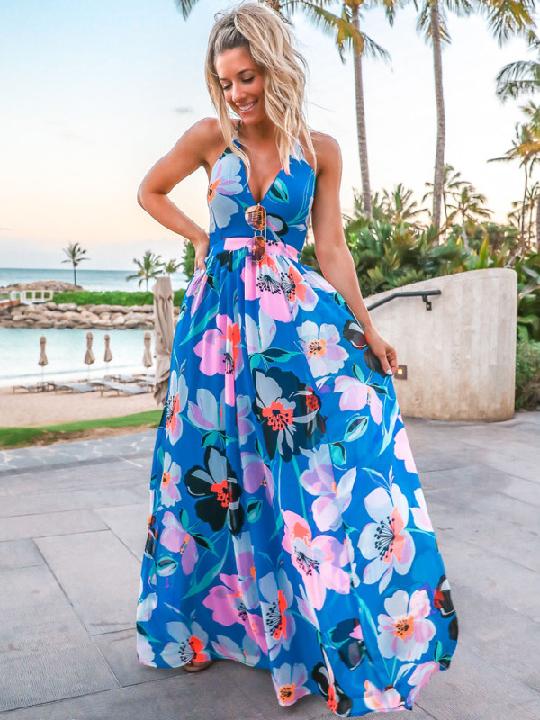 Bohemian Vacation Deep V Neck Backless Sexy Halter Neck Flower Print Dress
