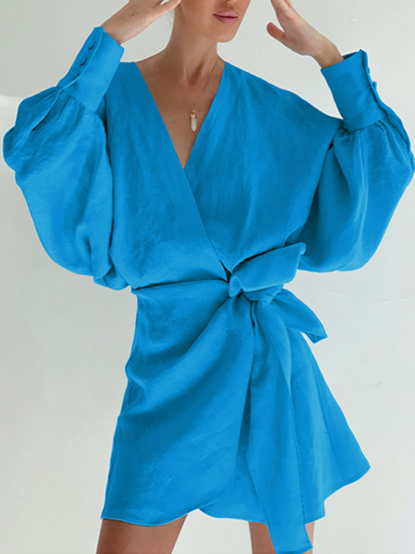 Solid Color Chic V Neck Balloon Sleeve Belt Party Casual Dress