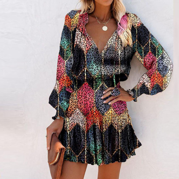 Fashion Vintage Colorful Floral Print Party Elegant V Neck Mini Casual Dress