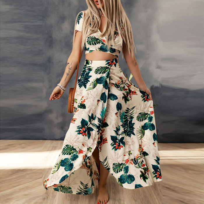 Women's Beach Vacation Style V-neck High Waist Slit  Maxi Dress