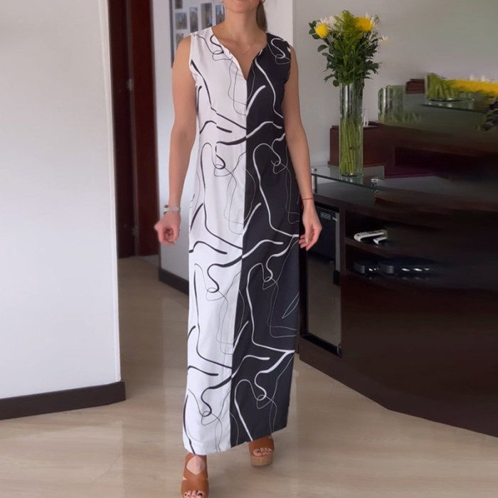 Fashionable Summer Colorblock Print Loose Casual Sleeveless Maxi Dress