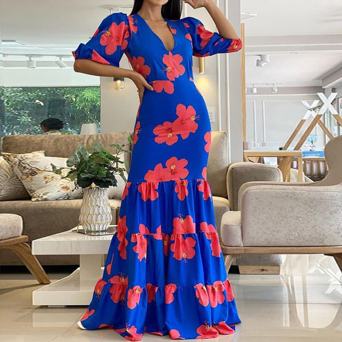 Summer Fashion Slim Print Casual V Neck High Waist Wedding Guest Dress