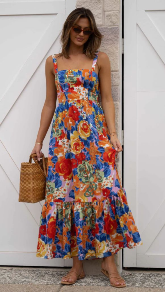 Elegant Floral Print Sexy Sleeveless Ruffled Slim High Waist Wedding Guest Dress