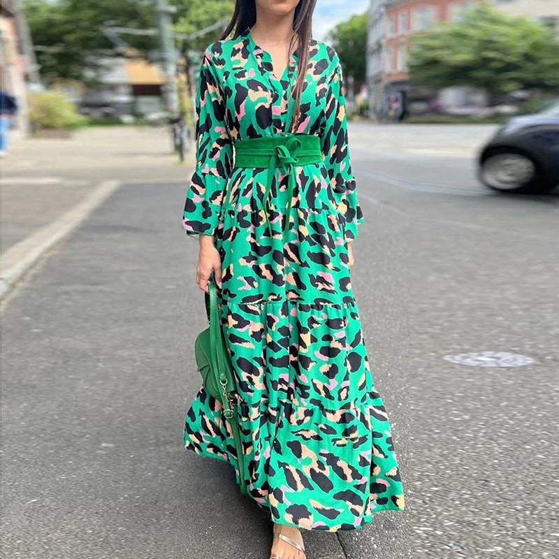 Fashion Print Long Sleeve Tie Elegant Swing  Maxi Dress