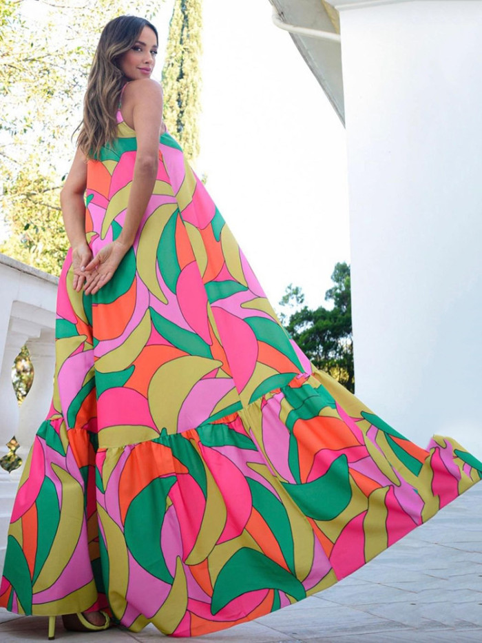 Sexy Deep V Neck Backless Bohemian Floral Fashion Party  Maxi Dress