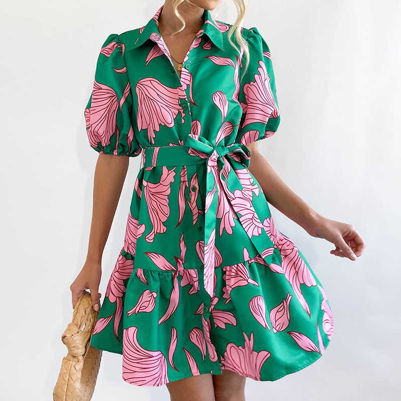 Blouse Mini Fashion Ruffle Tie Casual Loose Printed Dress