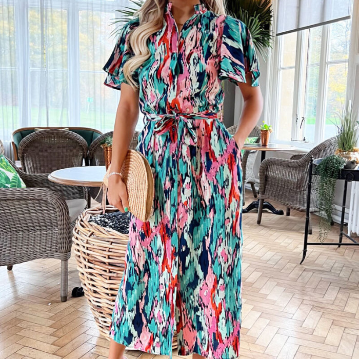 Fashion Casual Loose Abstract Print Short Sleeve Shirt  Maxi Dress
