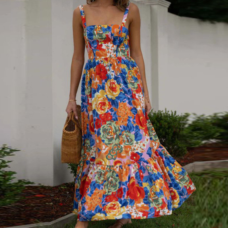 Elegant Floral Print Sexy Sleeveless Ruffled Slim High Waist Wedding Guest Dress