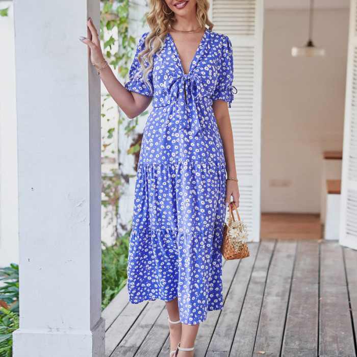 Summer Bohemian Lace Up Deep V Cutout Casual Party Beach Maxi Dress