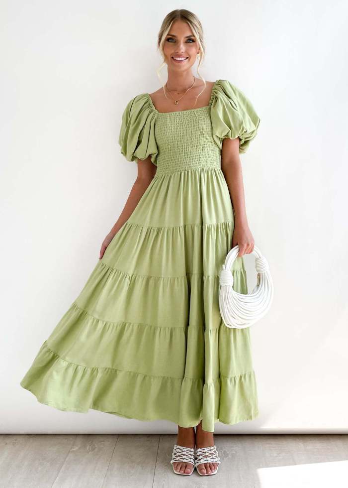 Elegant Floral Print Sexy Backless Slanted Neck High Waist Puff Sleeve Sheath Maxi Dress