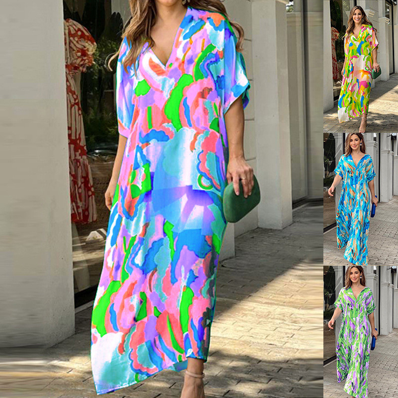 Fashion Casual Elegant Painted Print Short Sleeve Swing  Maxi Dress