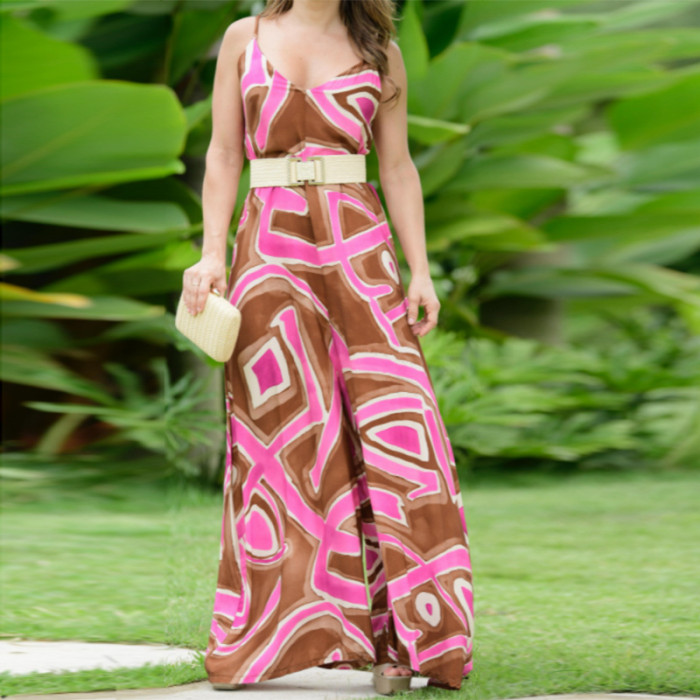 Fashion Ladies Abstract Graffiti Casual Loose Sleeveless Suspender Jumpsuit