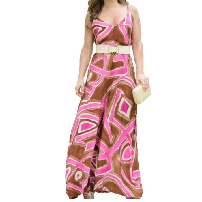 Fashion Ladies Abstract Graffiti Casual Loose Sleeveless Suspender Jumpsuit