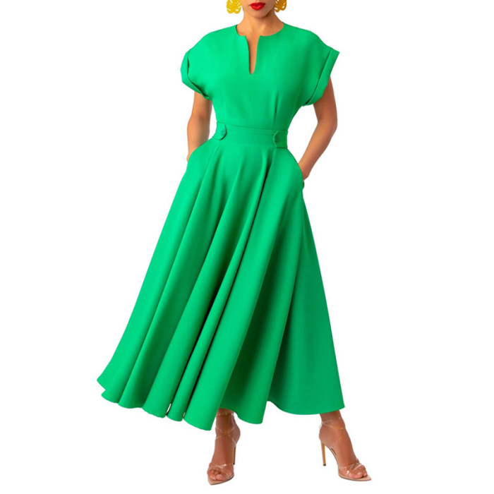 Summer Retro V-neck Wrapped Sleeve Waist Casual Fashion Stitching  Maxi Dress