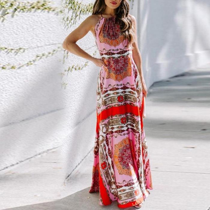 Summer Colorful Print Backless Casual Elegant Beach  Maxi Dress