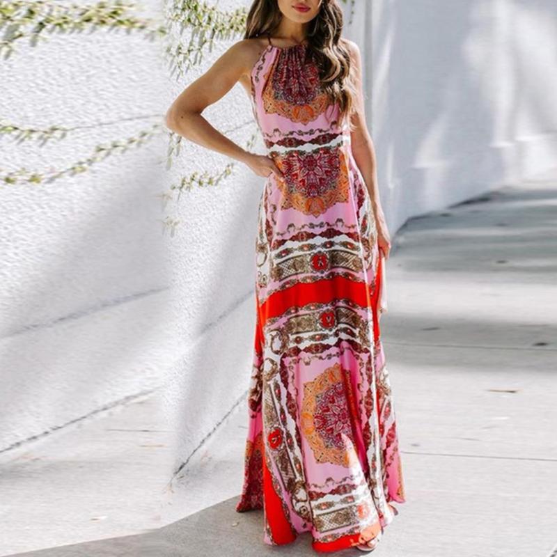 Summer Colorful Print Backless Casual Elegant Beach  Maxi Dress