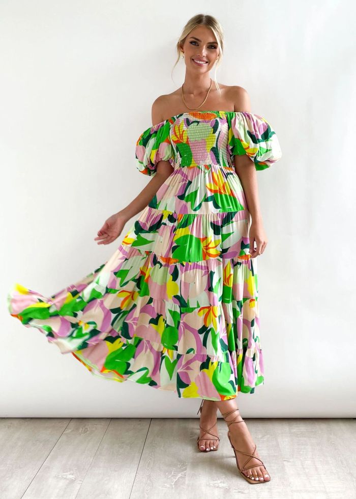 Elegant Floral Print Sexy Backless Slanted Neck High Waist Puff Sleeve Sheath Maxi Dress