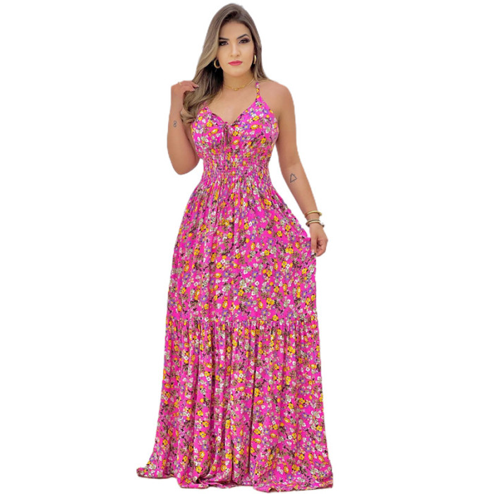 Women's New Fashion Print Floral Sling Wedding Guest Dress