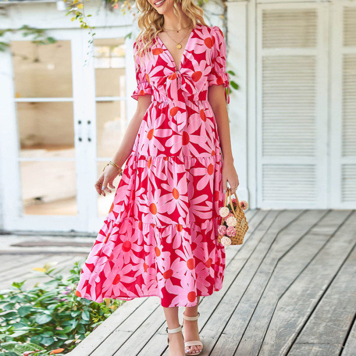 Summer Bohemian Lace Up Deep V Cutout Casual Party Beach Maxi Dress