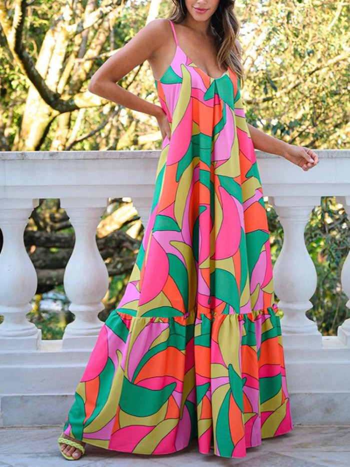 Sexy Deep V Neck Backless Bohemian Floral Fashion Party  Maxi Dress