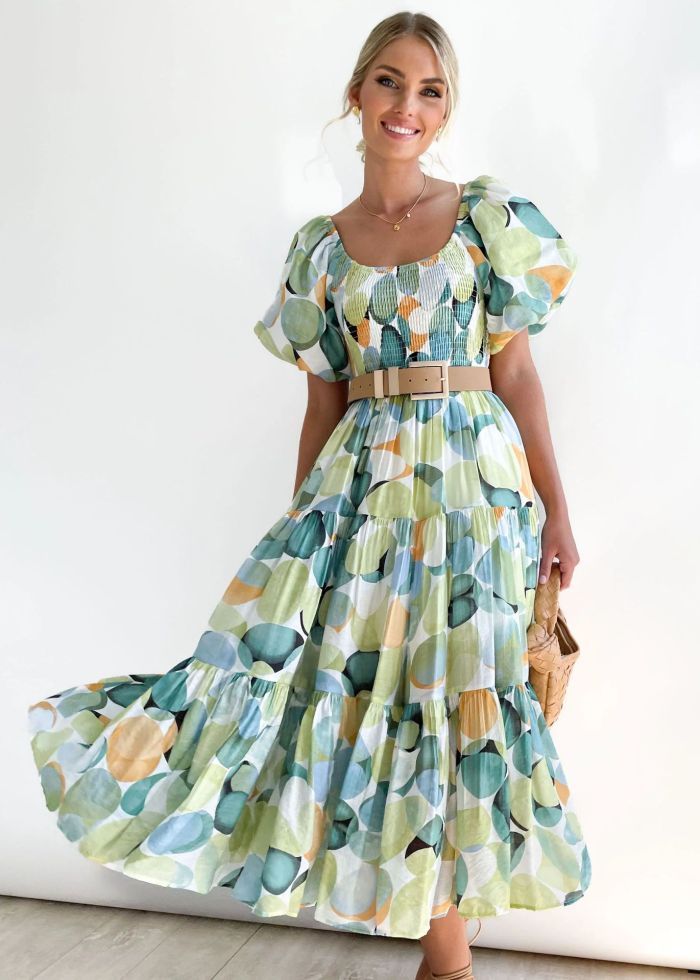 Elegant Floral Print Sexy Backless Slanted Neck High Waist Puff Sleeve Sheath Maxi Dress