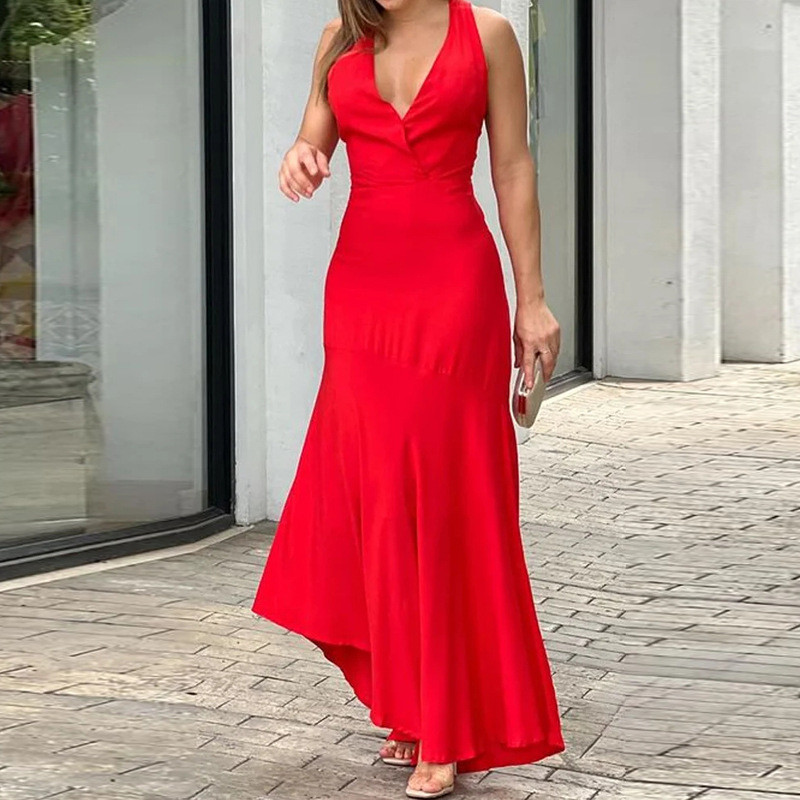 V Neck Sexy Street Halter Neck Backless Party Fashion Wedding Guest Dress