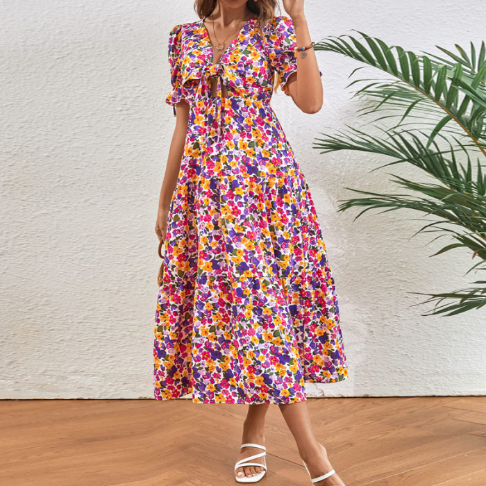 Summer Bohemian Lace Up Deep V Cutout Casual Party Beach Maxi Dress