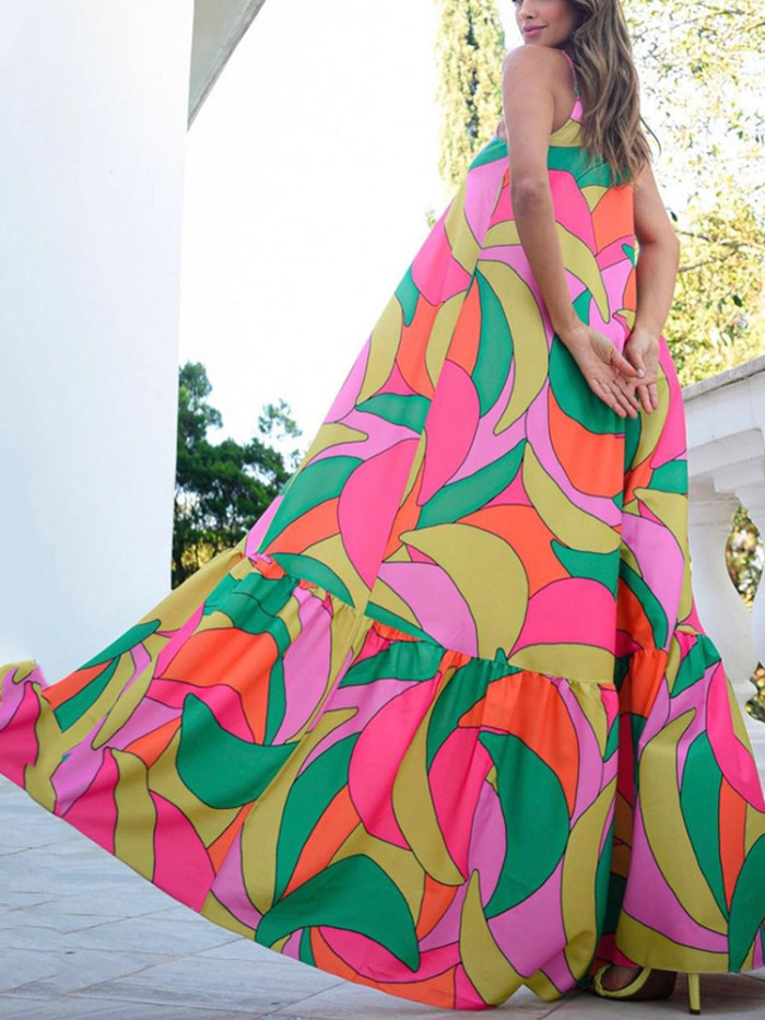 Sexy Deep V Neck Backless Bohemian Floral Fashion Party  Maxi Dress