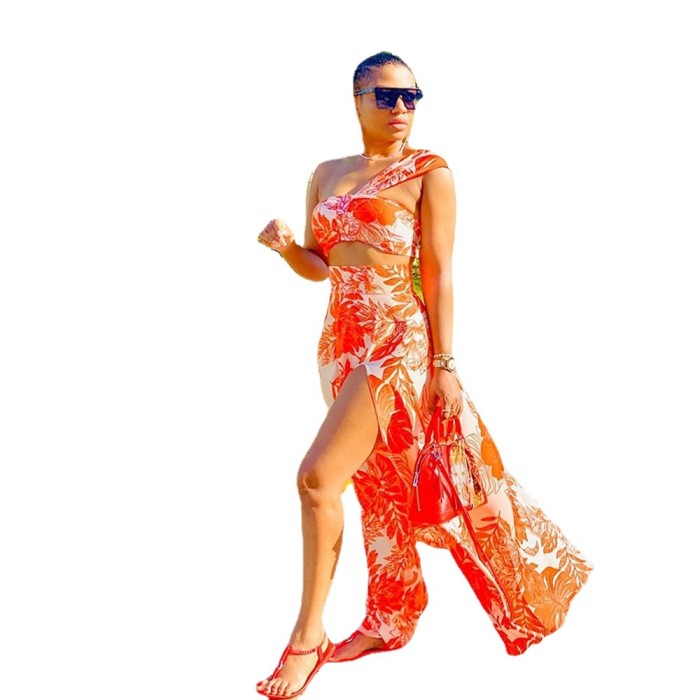 Women's Sexy Printed Tube Top Slit Sleeveless Sexy  Maxi Dress