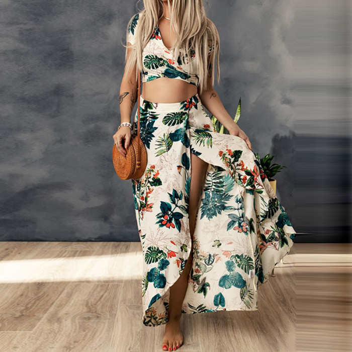 Women's Beach Vacation Style V-neck High Waist Slit  Maxi Dress