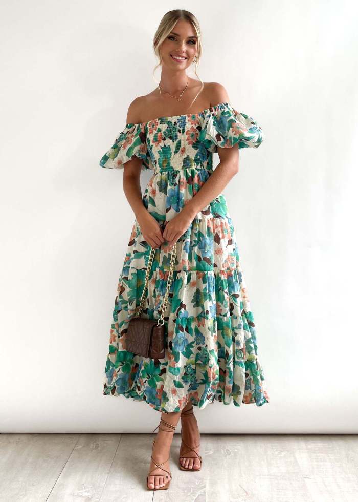 Elegant Floral Print Sexy Backless Slanted Neck High Waist Puff Sleeve Sheath Maxi Dress